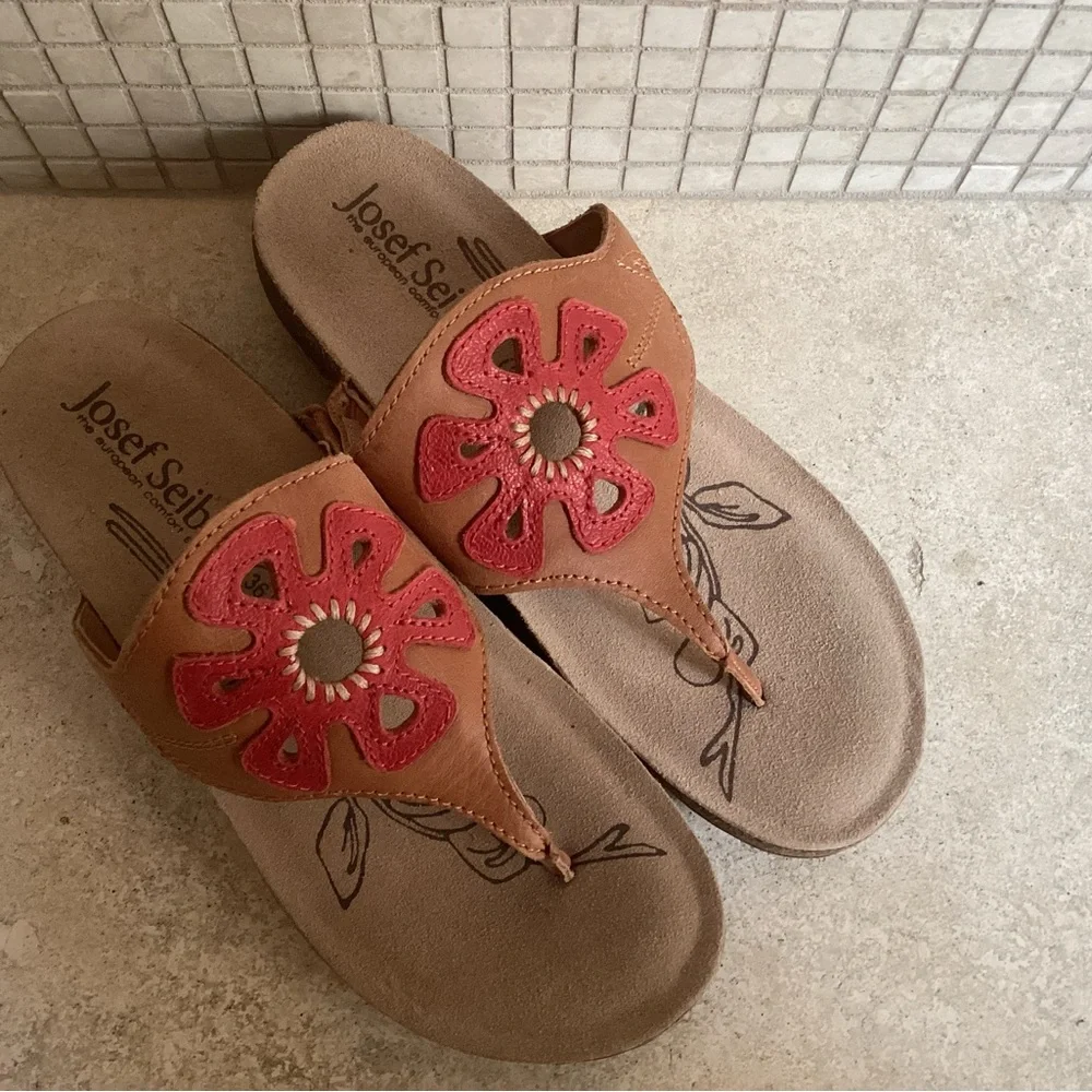 Josef Seibel Tan Sandal with Red Floral Cutout - Picture 6 of 8